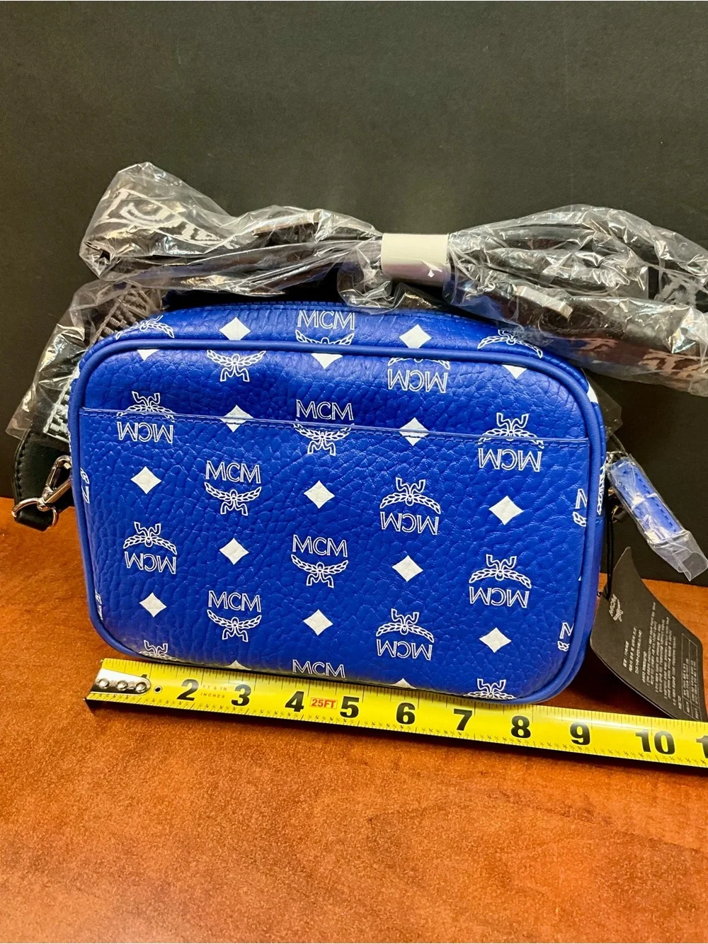 MCM Royal Blue Visetos Logo Messenger Bag, with Polished Metal Logo Plaque